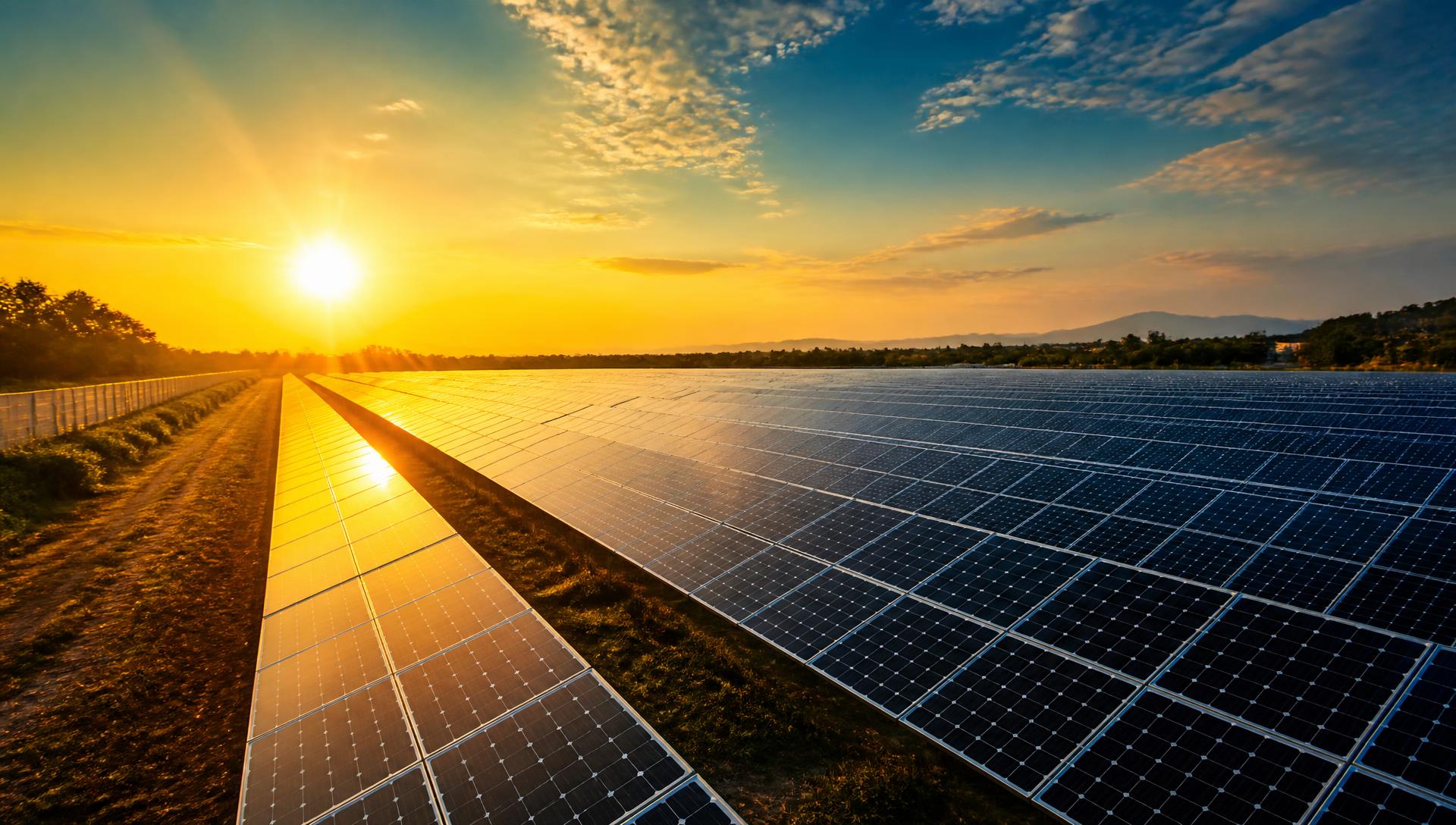 Solar panel farm generating clean energy at sunrise